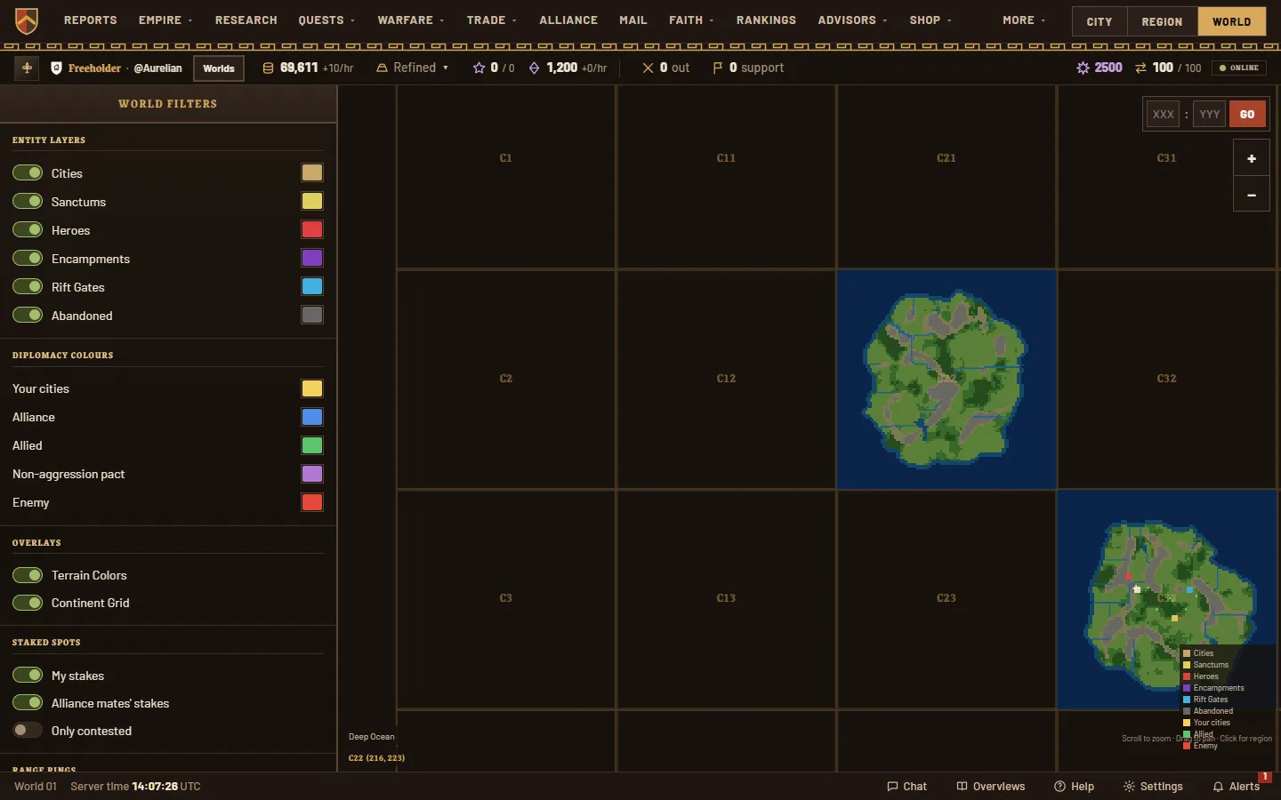 An open continent up close on the world map, with cities, sanctums and camps marked on the land.