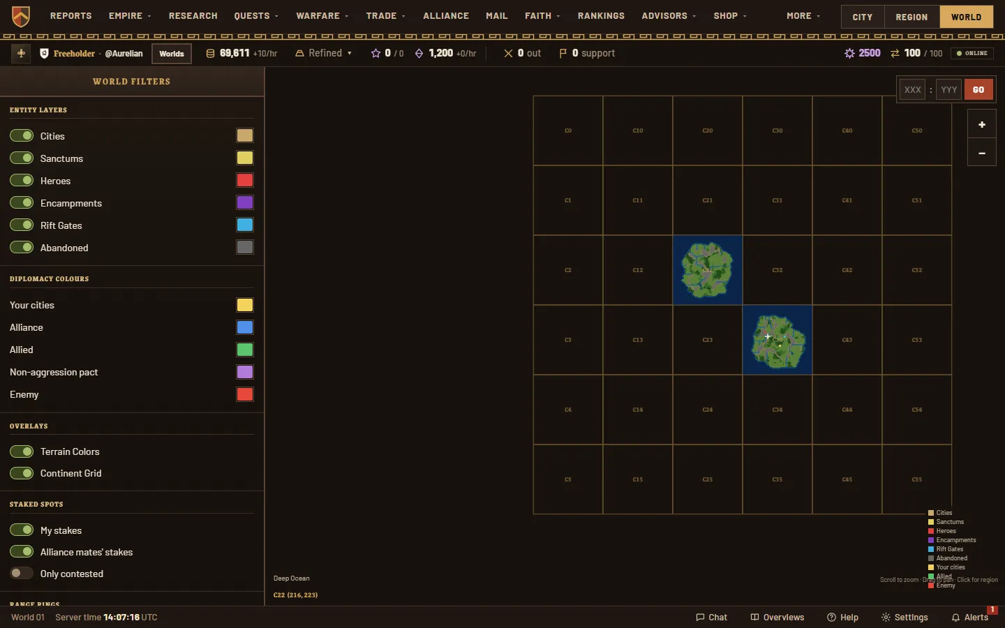 The world map: a grid of continents, two of them open, beside the map filters.
