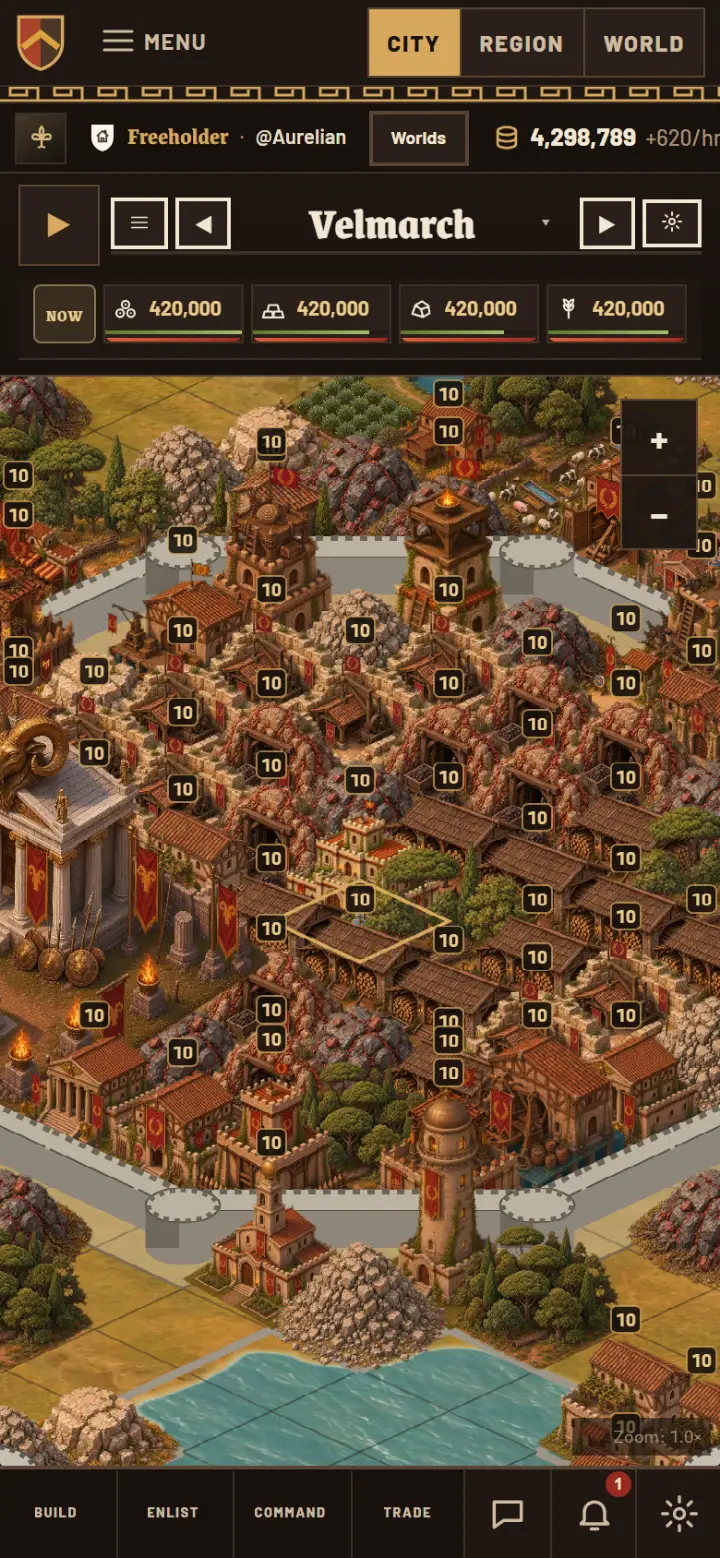 A walled city on a phone, seen from above at an angle: its streets, towers, temple and harbour, every building at level 10.
