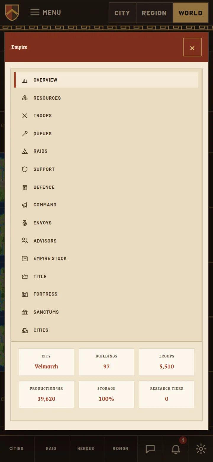 The Overviews panel on a phone: every city's resources, queues and troops in one list.