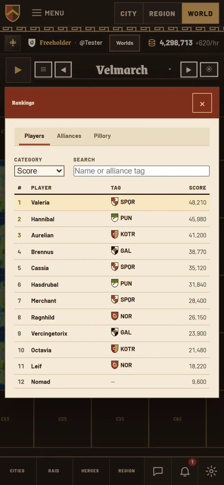 The Rankings panel on a phone: players by score with their alliance tags, over the world map.