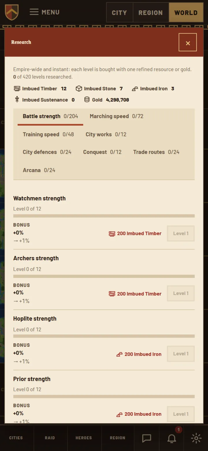 The Research panel on a phone: battle strength, marching speed and the other branches, each with its levels.