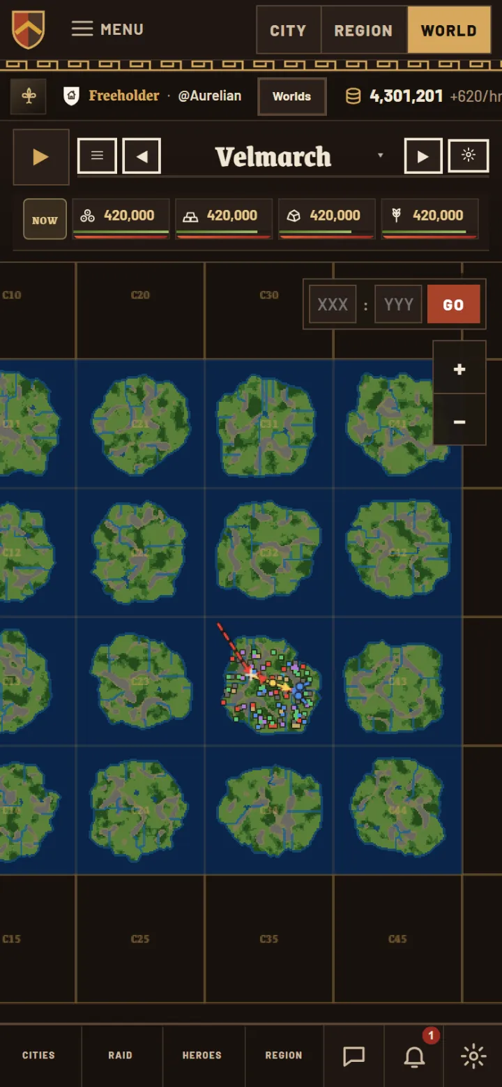 The world map on a phone: a grid of continents, two of them open, with the resource bar above it.